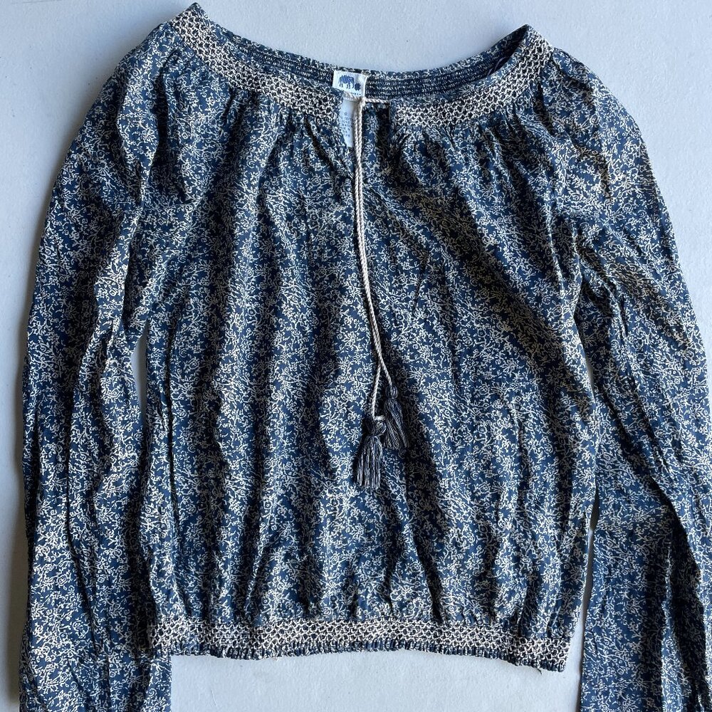 Boho Floral Peasant Blouse Small Blue White 100% Cotton John Robshaw Lucky Brand